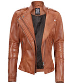 Womens Tan Real Leather Motorcycle Jacket