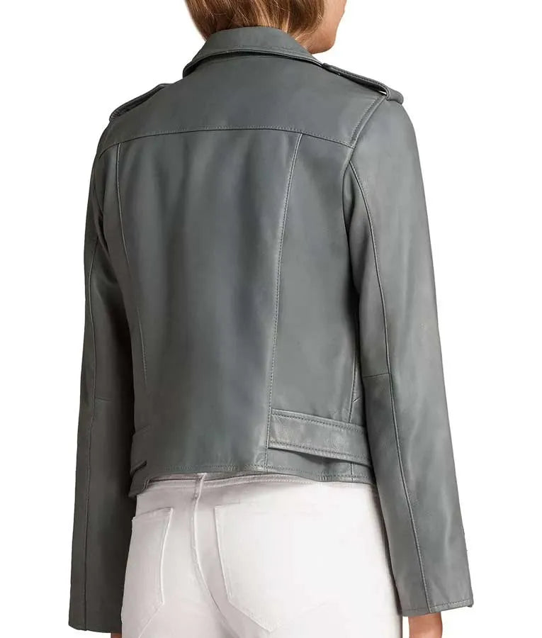 Womens Grey Leather Biker Jacket