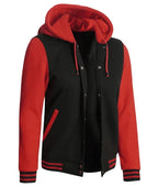 Womens Black And Red Hooded Baseball Varsity Jacket