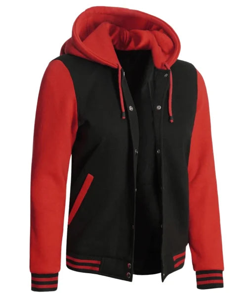 Womens Black And Red Hooded Baseball Varsity Jacket