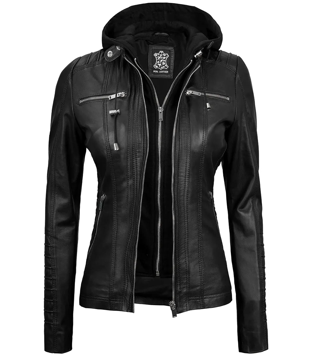Women Black Detachable Hood Leather Jacket