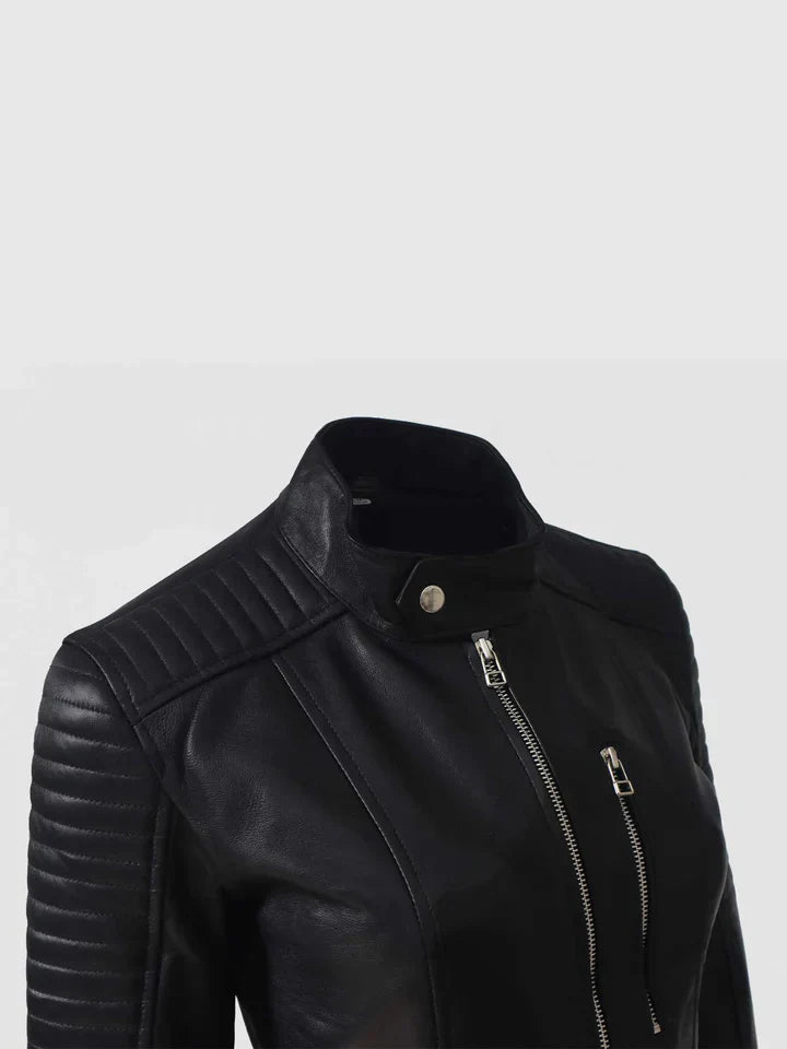 Womens Quilted Cafe Racer Leather Jacket