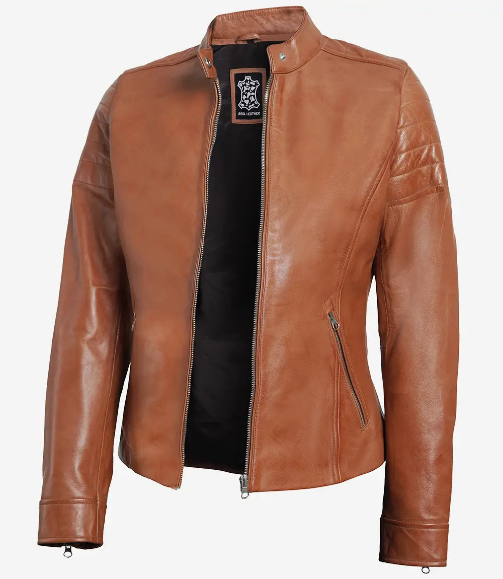 Womens Cafe Racer Tan Leather Jacket