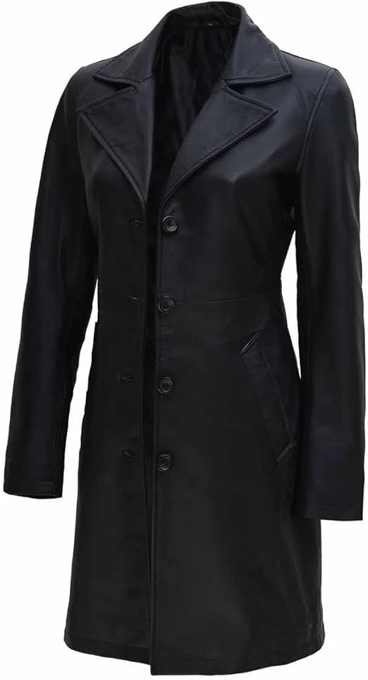 Womens Long Black Leather Trench Coat