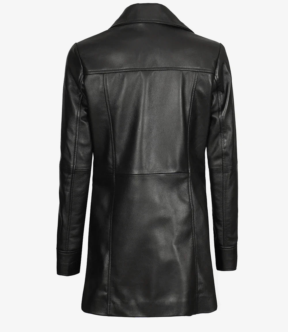 Womens Leather Black Coat - 3/4 Length