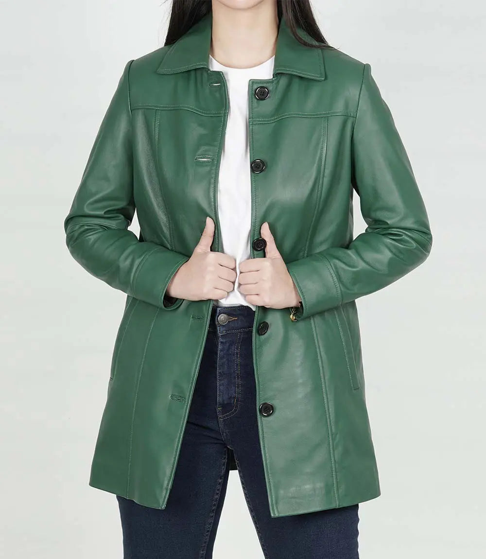 Womens Leather Green Coat - 3/4 Length