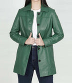 Womens Leather Green Coat - 3/4 Length