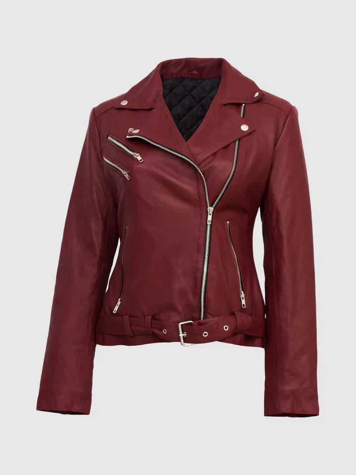 Maroon Womens Leather Biker Jacket
