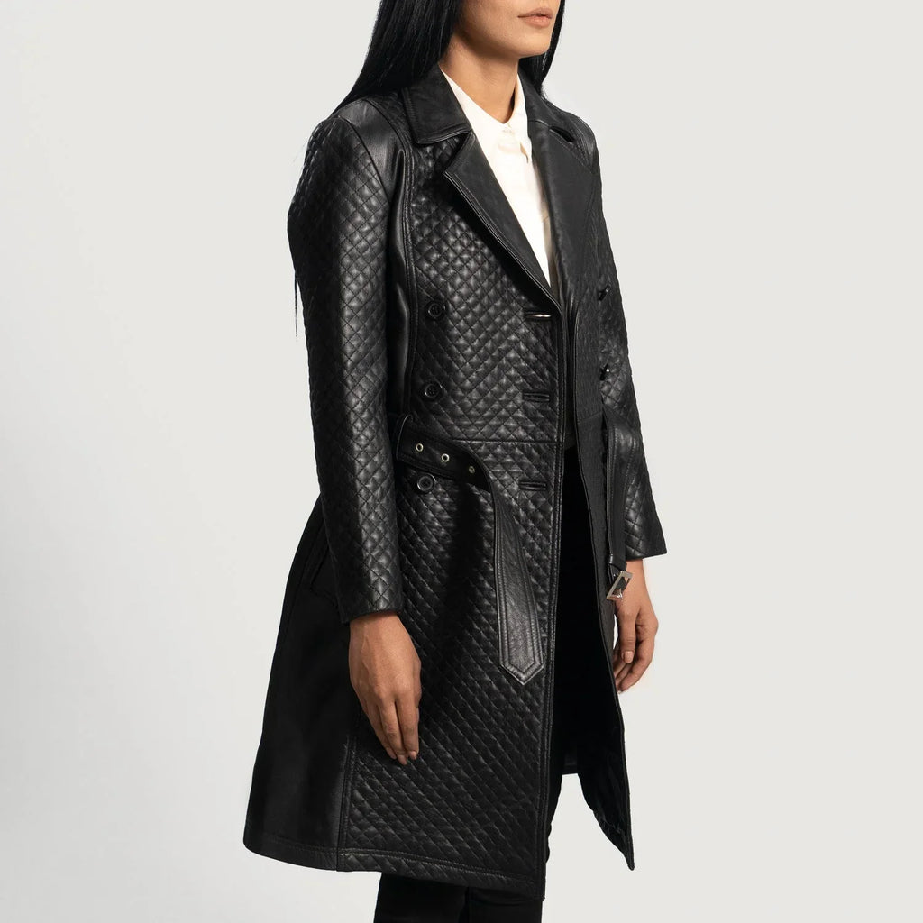 Womens Black Leather Quilted Trench Coat