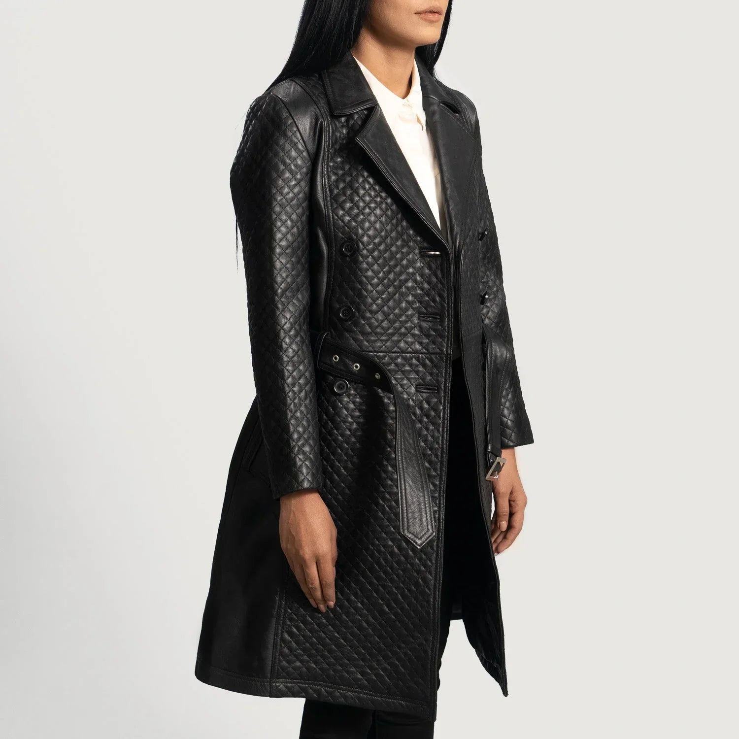 Womens Black Leather Quilted Trench Coat