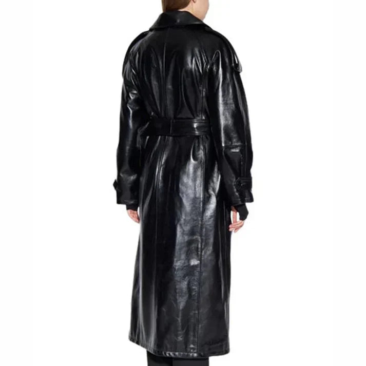 Women Genuine Leather Black Trench Coat
