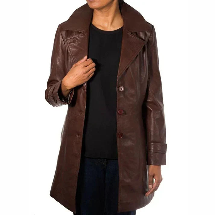 Womens Chocolate Brown Genuine Leather Trench Coat