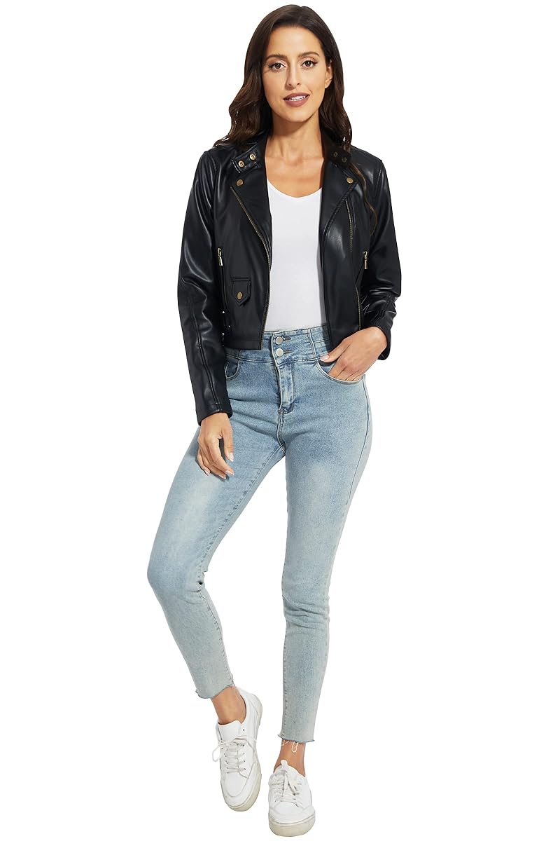 Women Cropped Black Leather Jacket