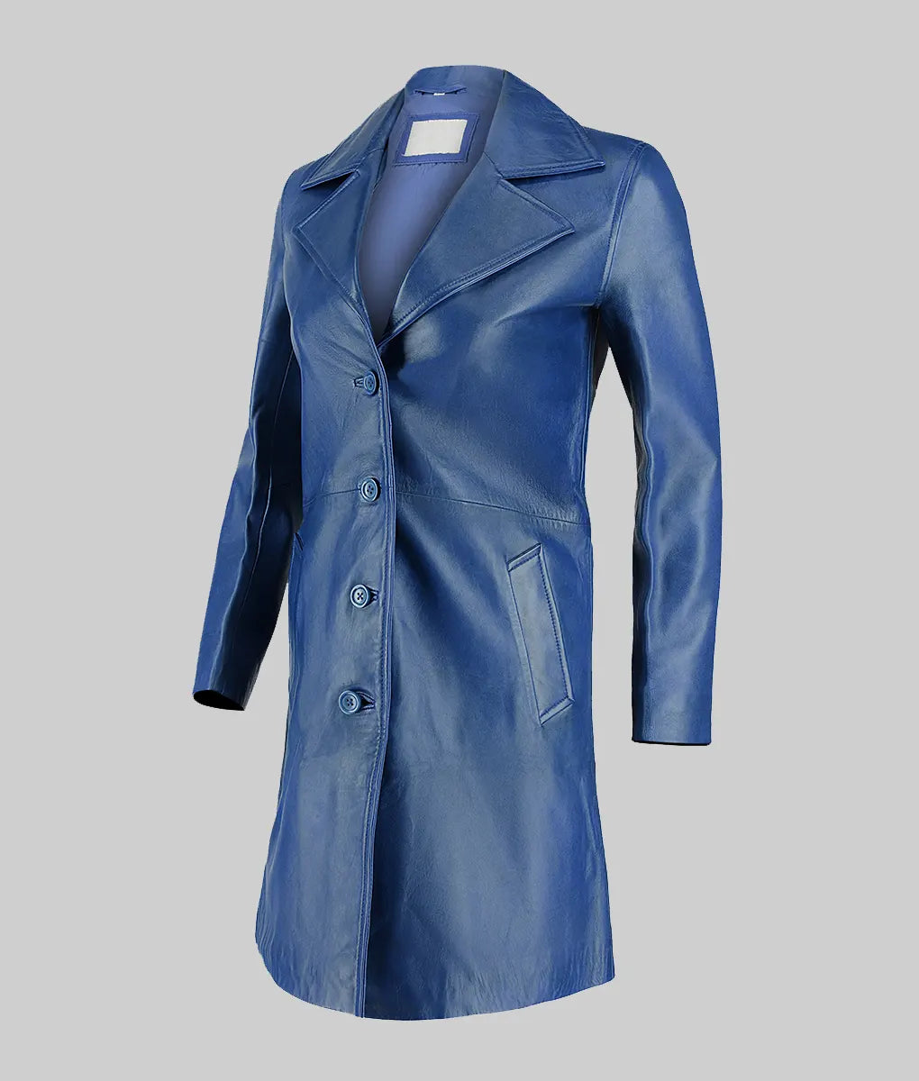 Womens Minimalist Blue Leather Trench Coat