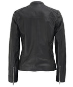 Womens Black Textured Leather Cafe Racer Jacket