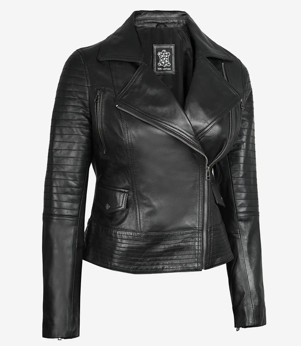 Womens Sleek Black Leather Moto Biker Jacket