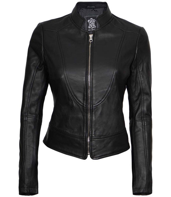 Women Black Cafe Racer Leather Jacket