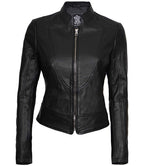 Women Black Cafe Racer Leather Jacket