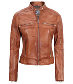Classic Womens Tan Brown Cafe Racer Jacket