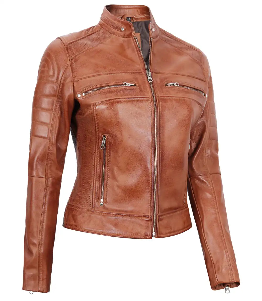 Classic Womens Tan Brown Cafe Racer Jacket