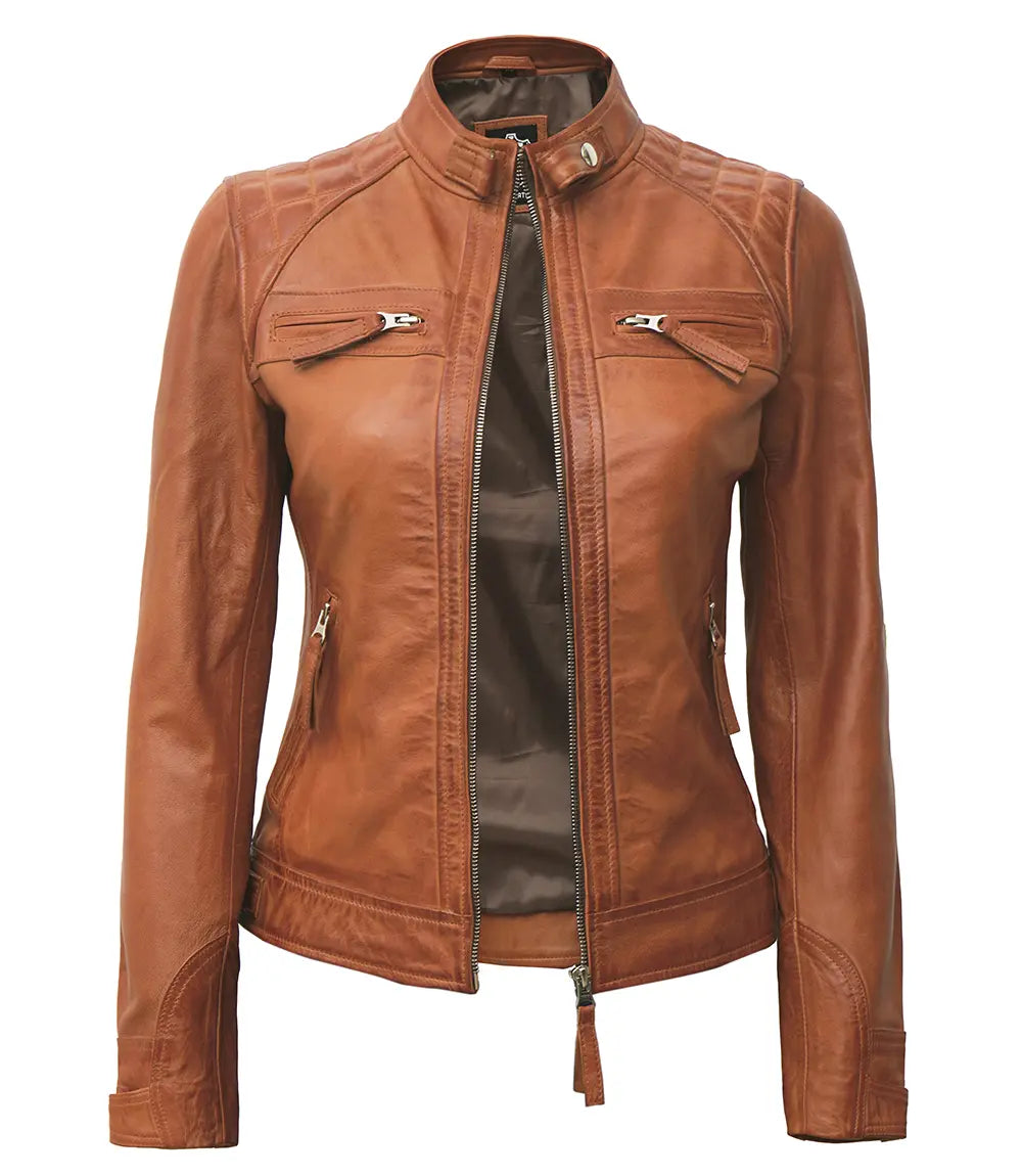 Classic Womens Cafe Racer Tan Leather Jacket