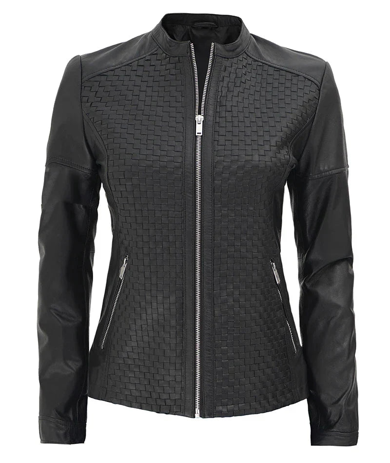 Womens Black Textured Leather Cafe Racer Jacket
