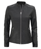 Womens Black Textured Leather Cafe Racer Jacket