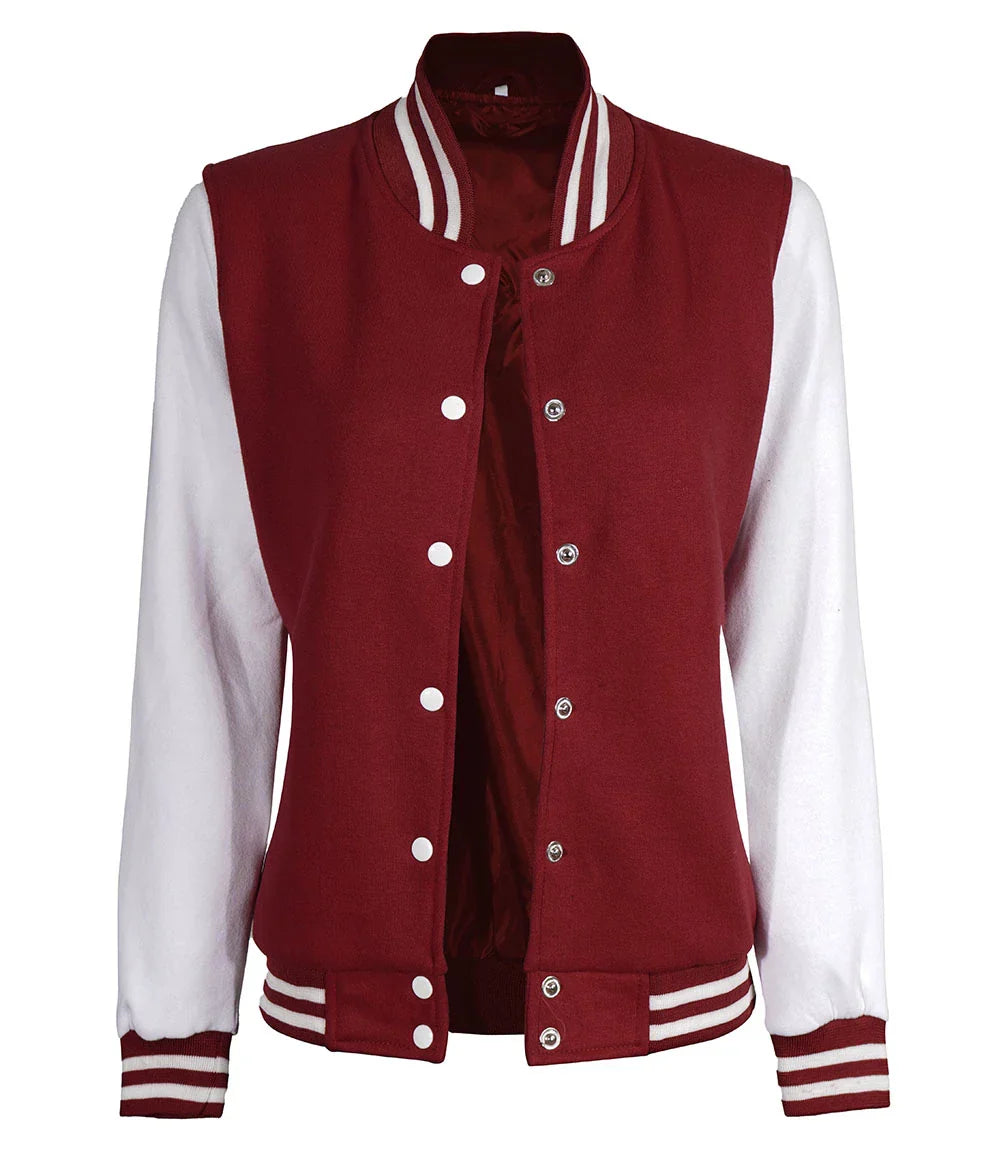 Womens Maroon White Sleeves Varsity Jacket