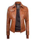 Womens Tan Waxed Bomber Detachable Hood Leather Jacket
