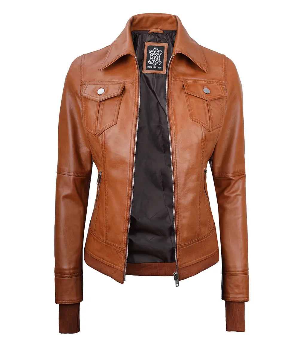 Womens Tan Waxed Bomber Detachable Hood Leather Jacket