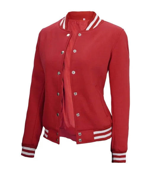 Women Bomber Style Red Varsity Jacket