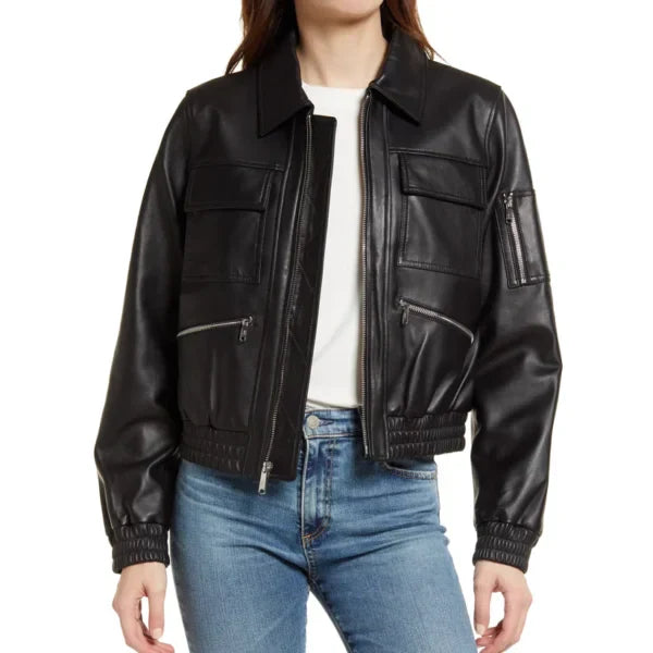 Womens Black Tall Leather Bomber Spread jacket