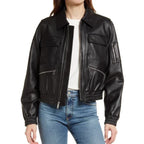 Womens Black Tall Leather Bomber Spread jacket