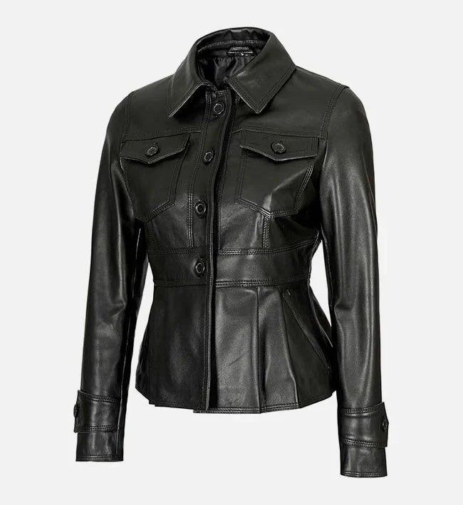 Womens Motorcycle Style Black Leather Trucker Jacket