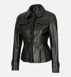 Womens Motorcycle Style Black Leather Trucker Jacket