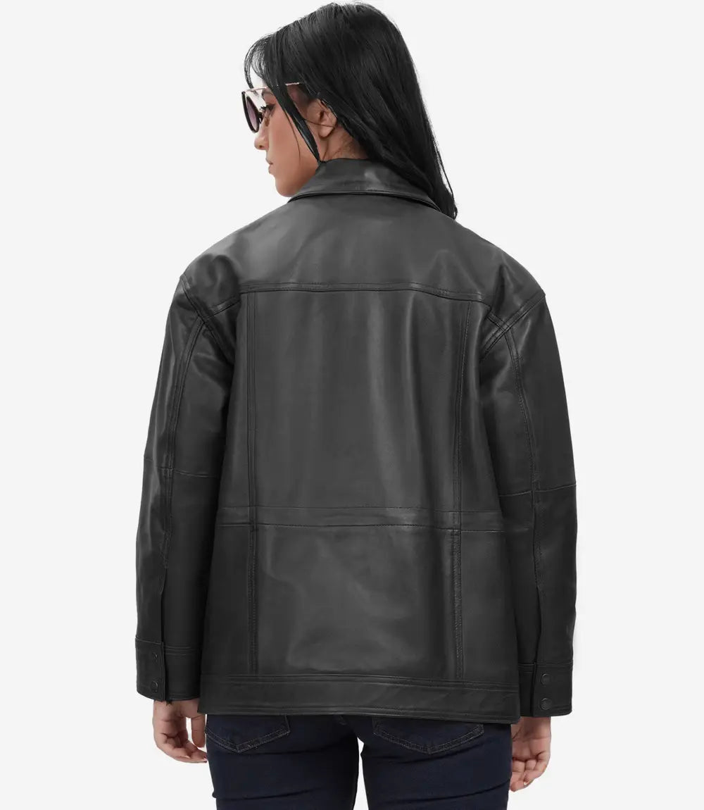 Womens Black Oversized Leather Trucker Jacket