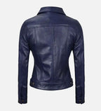Women Royal Blue Leather Trucker Jacket