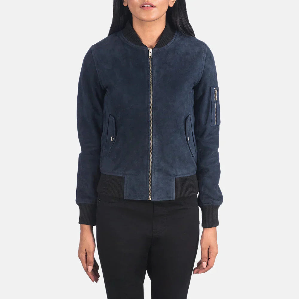 Women Blue Suede Bomber Jacket