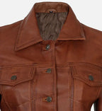 Womens Cognac Brown Trucker Leather Jacket