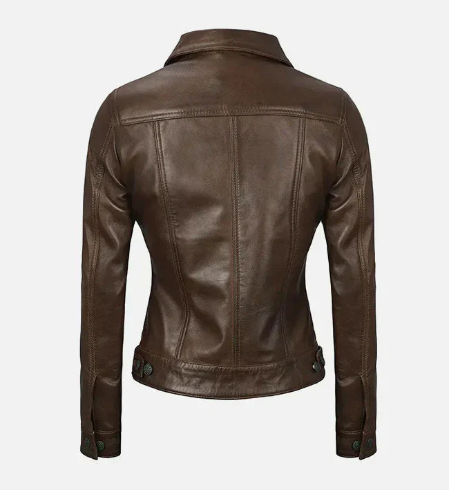 Women Dark Brown Leather Trucker Jacket