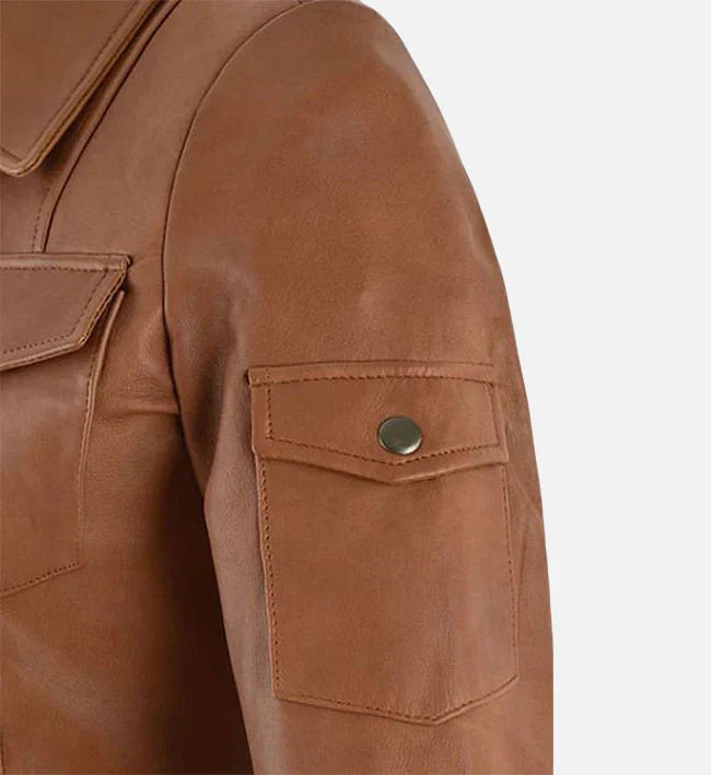 Womens Tan Leather Trucker Jacket