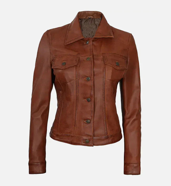 Womens Cognac Brown Trucker Leather Jacket