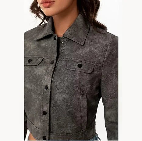 Cropped Leather Bomber Jacket