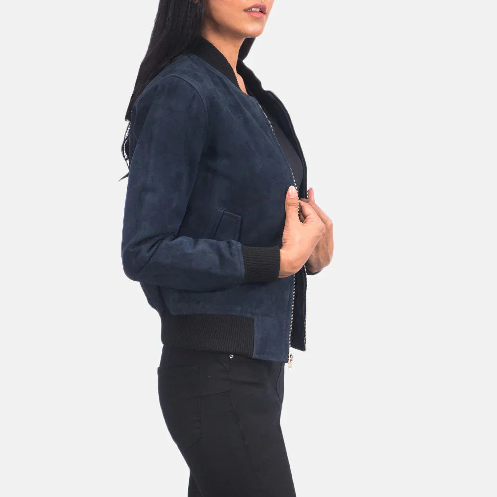 Women Blue Suede Bomber Jacket