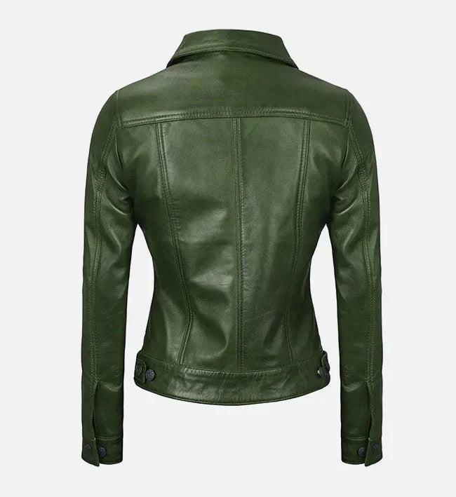 Women Green Leather Trucker Jacket
