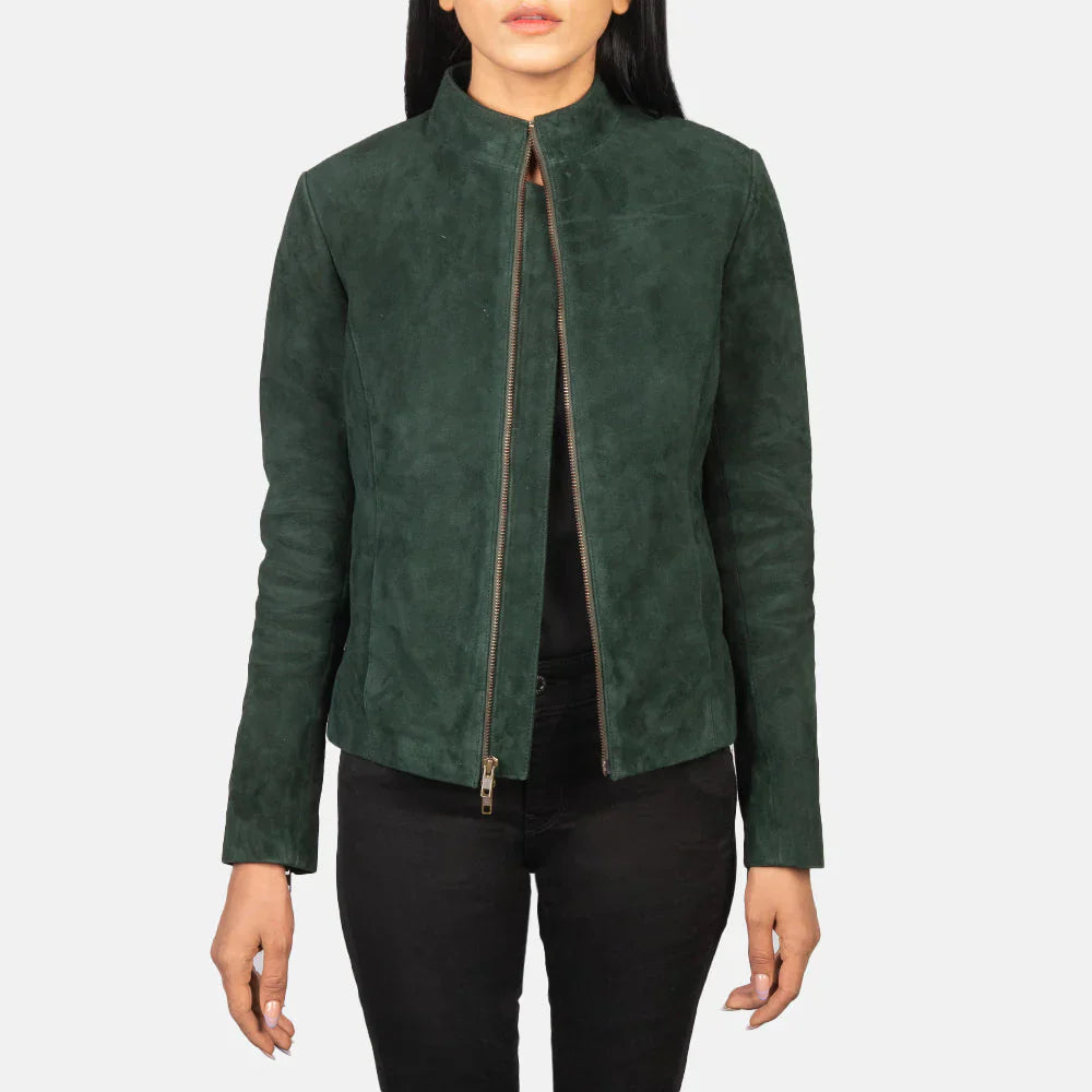 Women Green Suede Biker Jacket