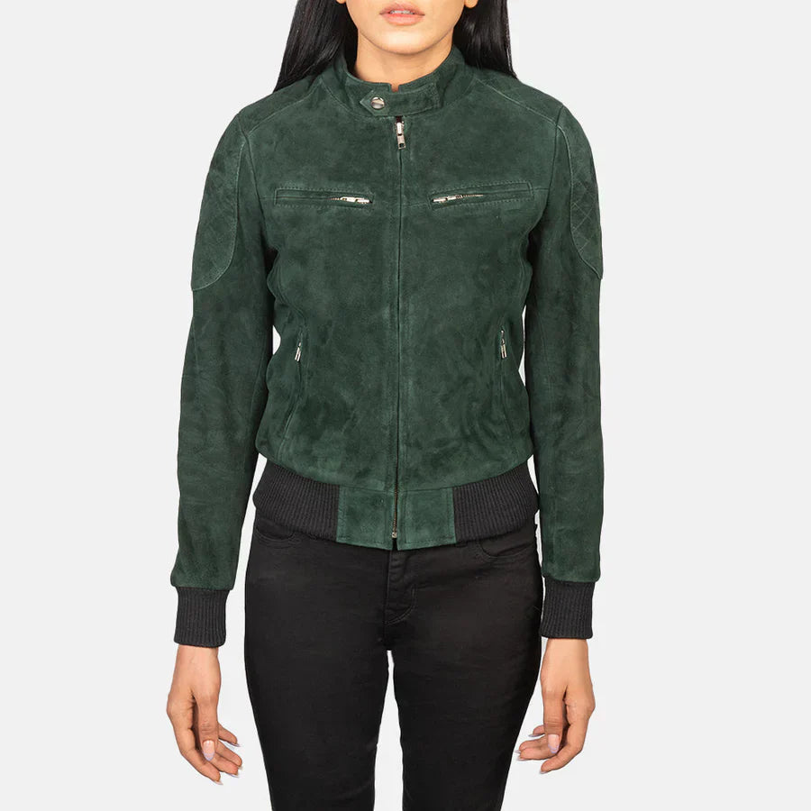 Women Suede Bomber Green Jacket
