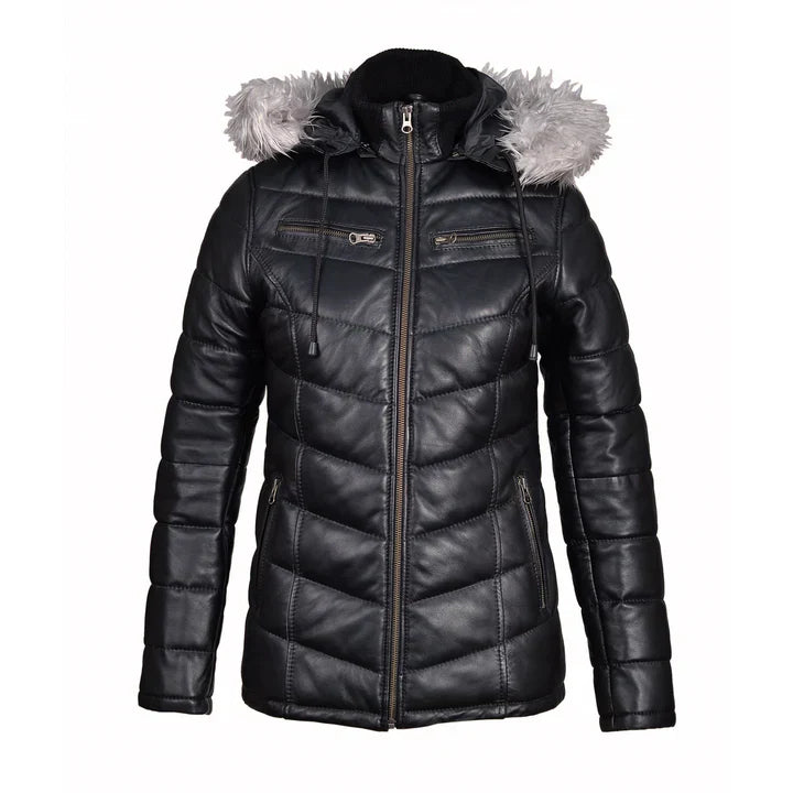 Women Winter Fur Trimmed Hoodie Puffer Leather Jacket