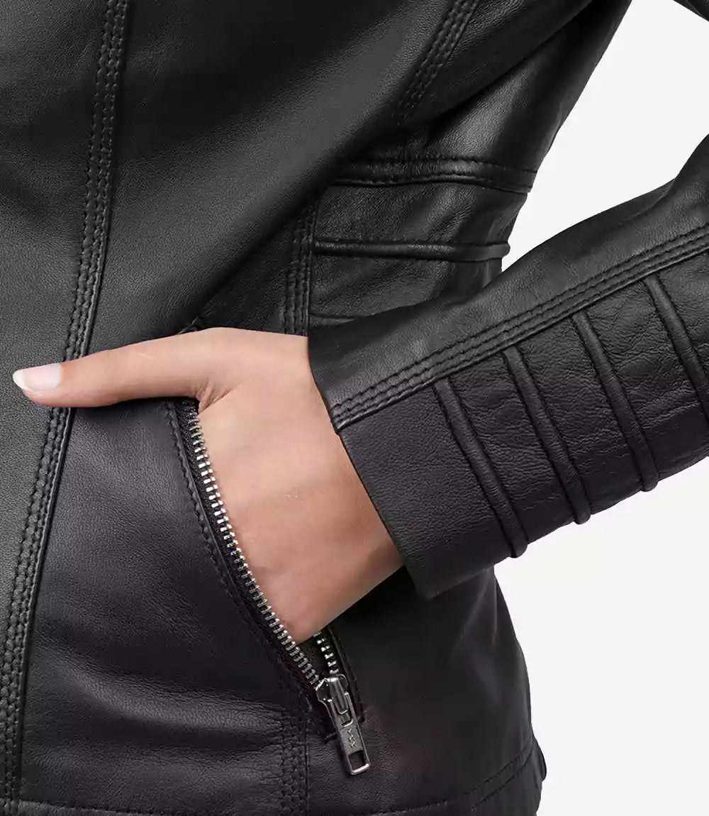 Womens Tall Black Leather Jacket With Removable Hood