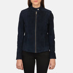 Women Navy Blue Suede Biker Jacket